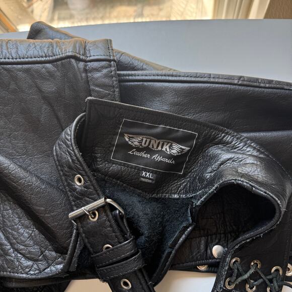 Vintage Unik Black Patchwork Leather Coin Pocket Zip Snap Chaps Size XXL - Picture 6 of 6